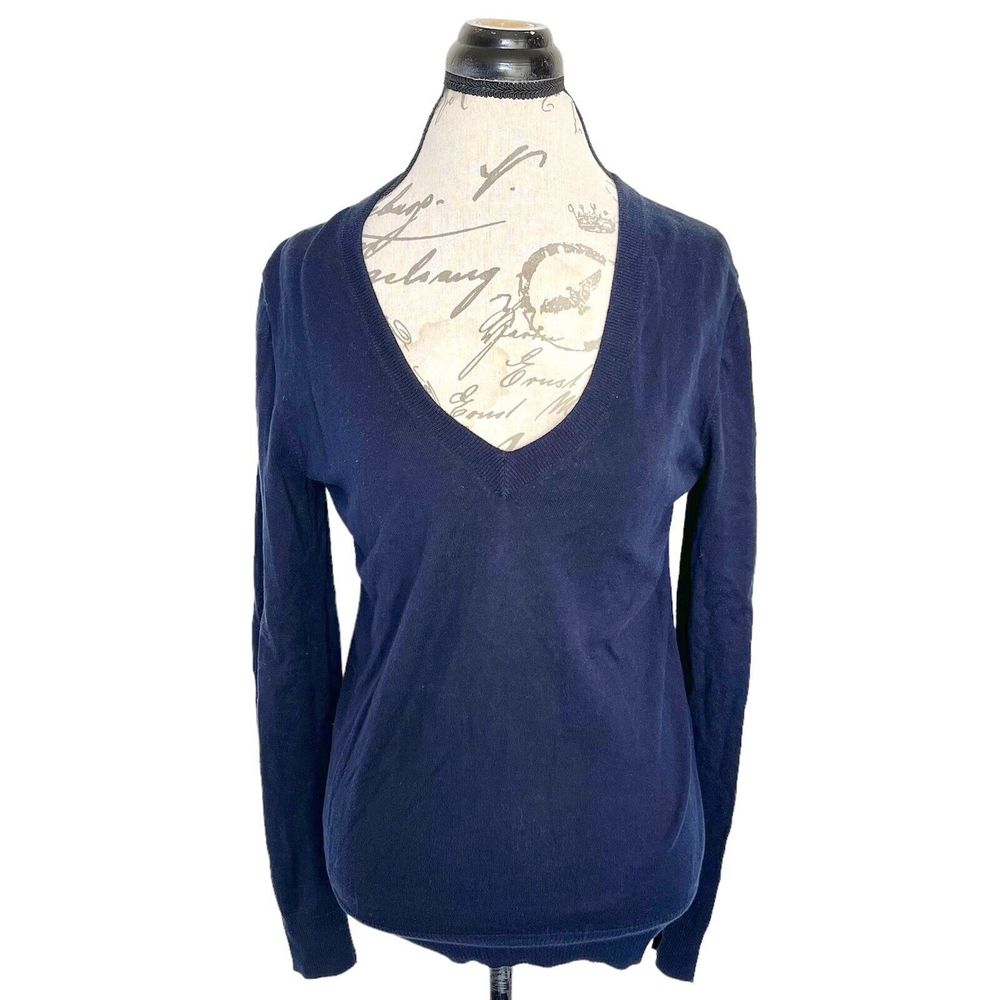 J Crew Womens Sweater Size Medium Ribbed Long Sleeve Cotton Blue V Neckline